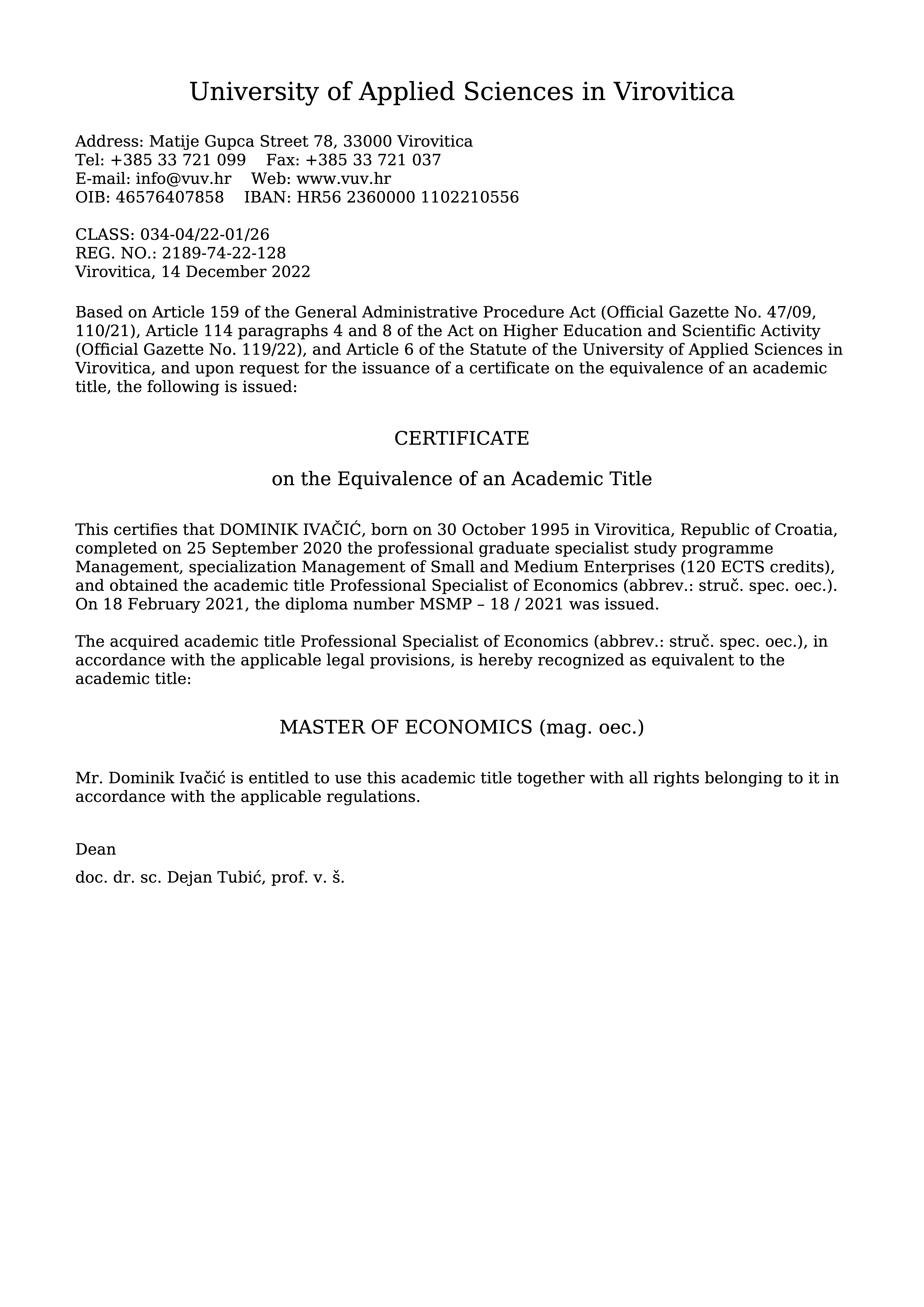 Certificate on the Equivalence of an Academic Title – Master of Economics