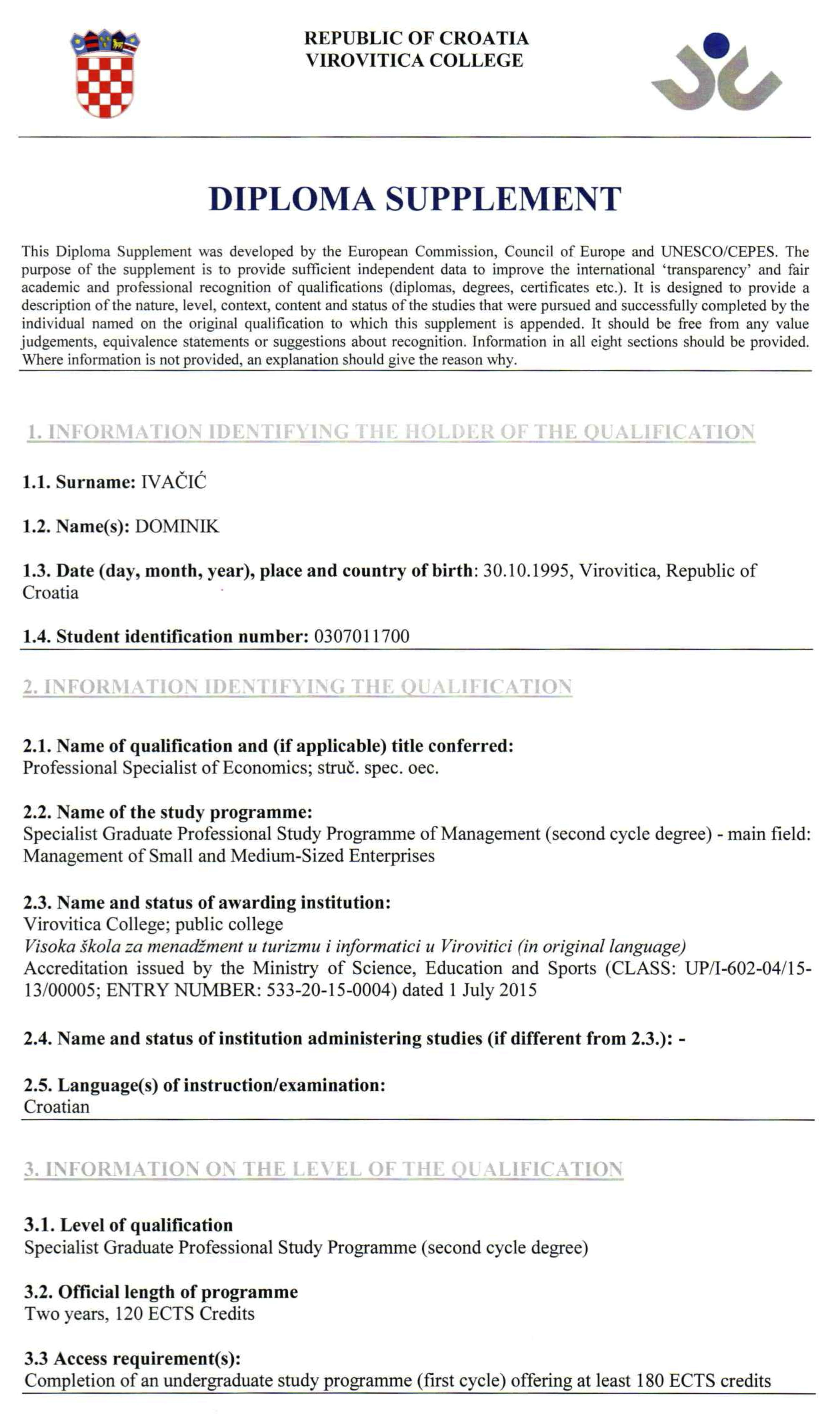 Professional Specialist of Economics - Main Field: Management of Small and Medium-sized Enterprises